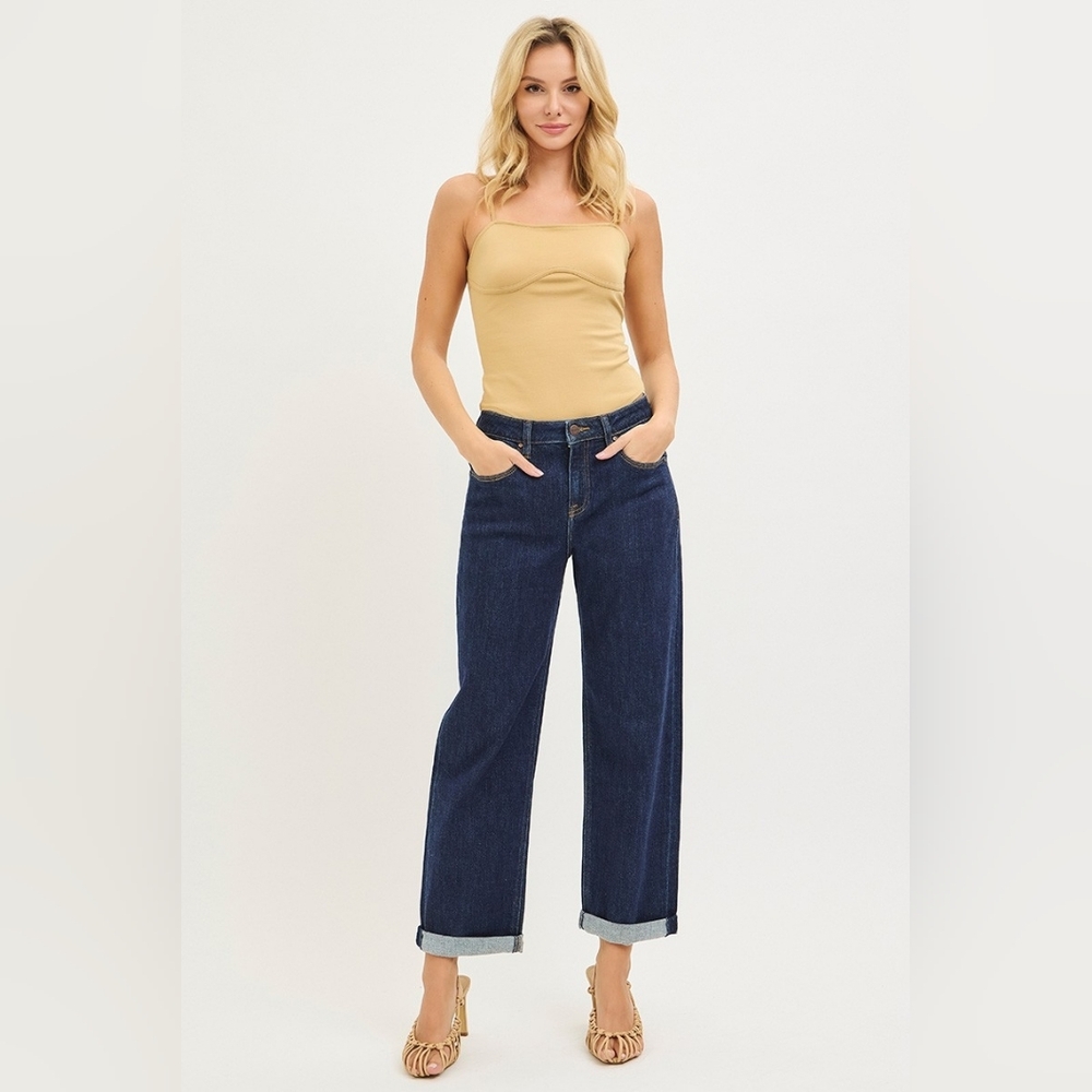 RISEN HR Deep Dark Wash Slouchy Boyfriend Jeans Cuffed Relaxed Stretch Various